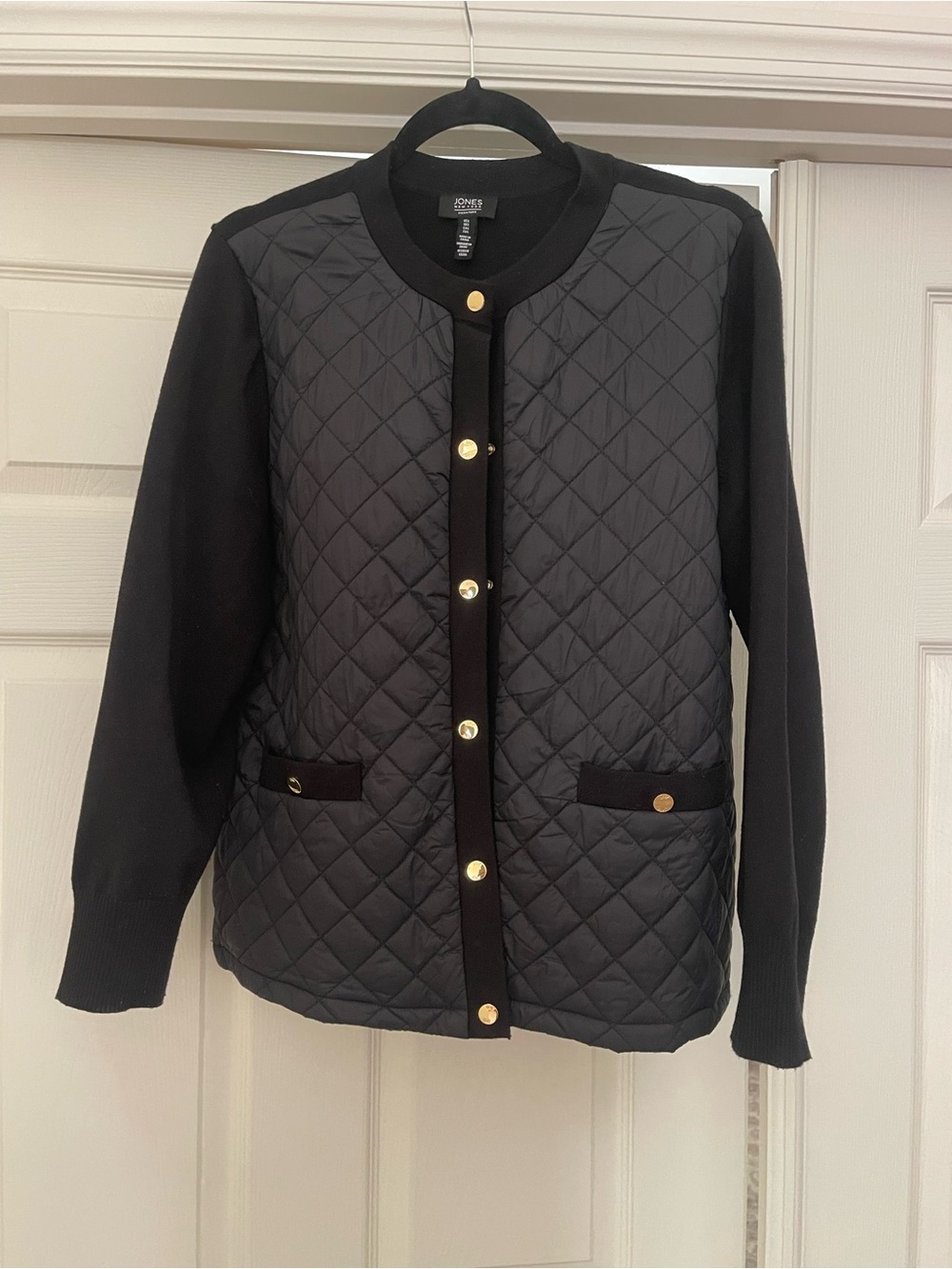 Jones New York Black Quilted Puffer Cardigan with Gold Buttons